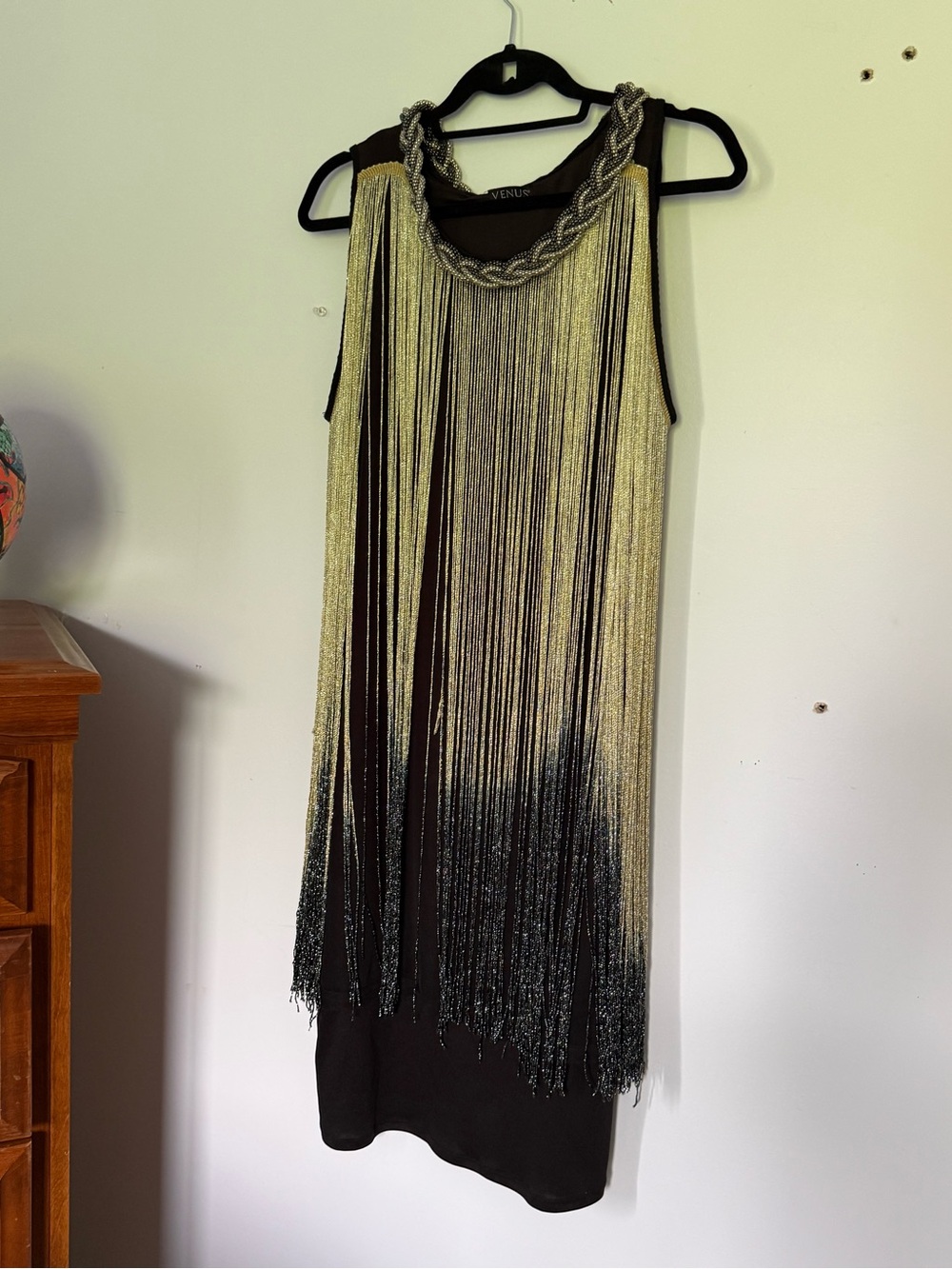 VENUS Black Dress with Gold Fringe